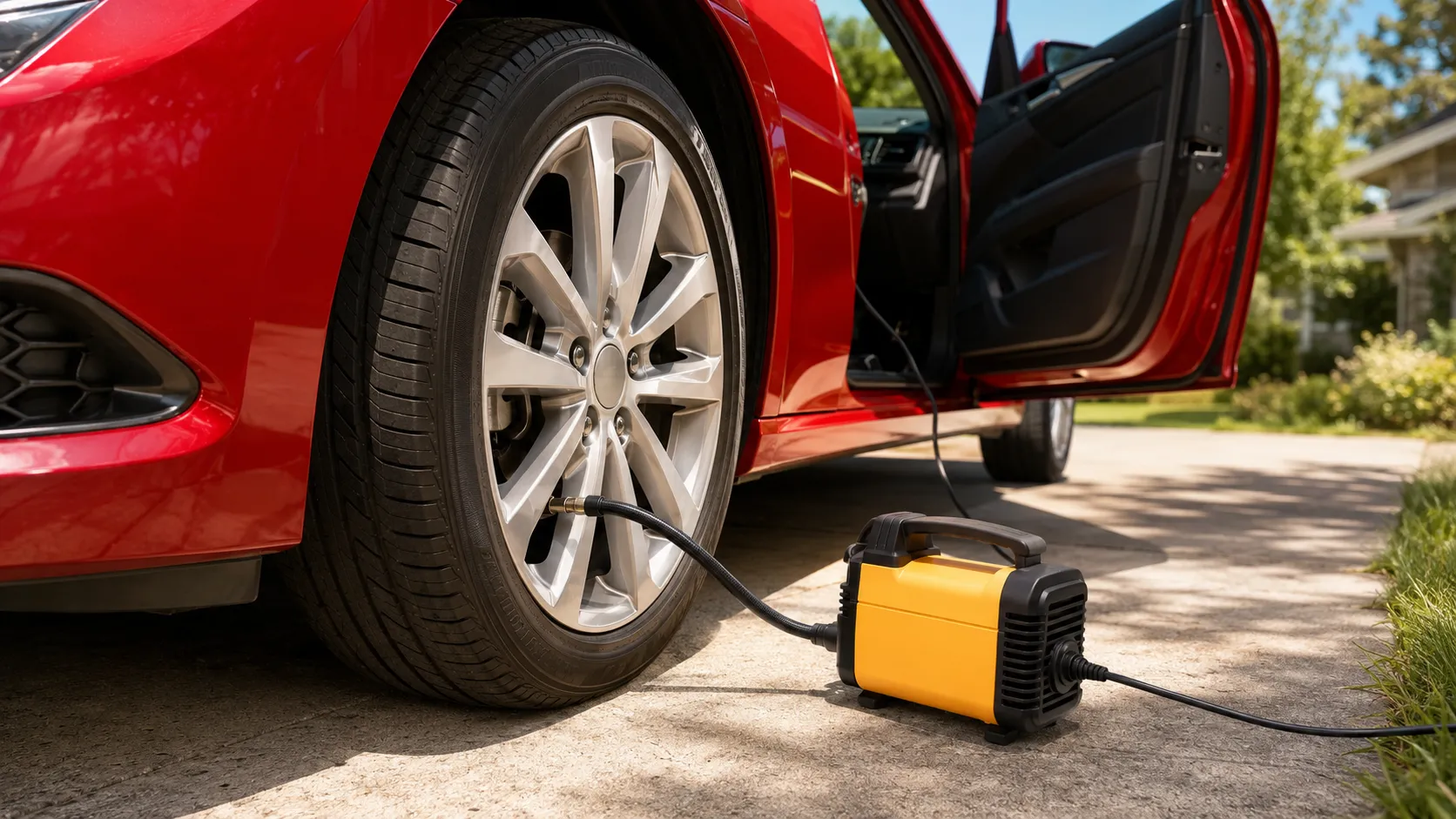 Cordless tire inflator connected to a compatible battery charger