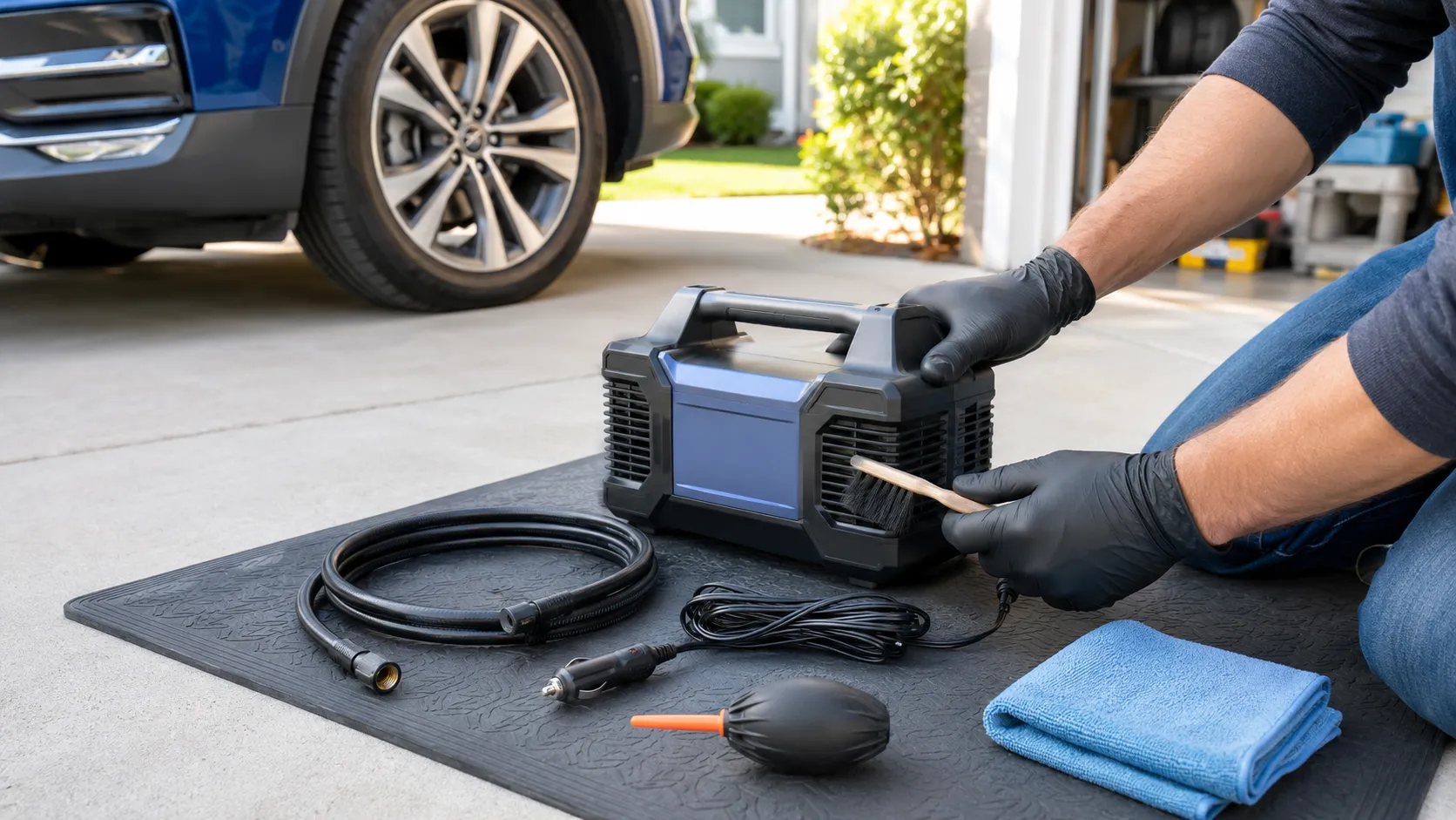 Cordless tire inflator connected to a compatible battery charger