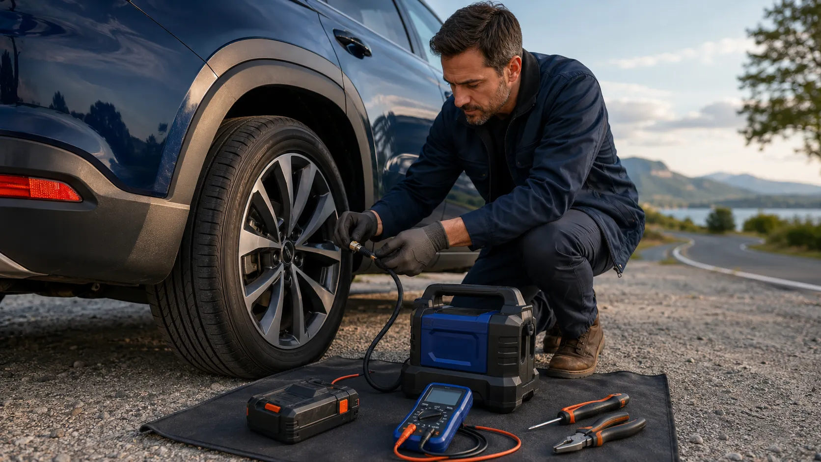 Cordless tire inflator connected to a compatible battery charger