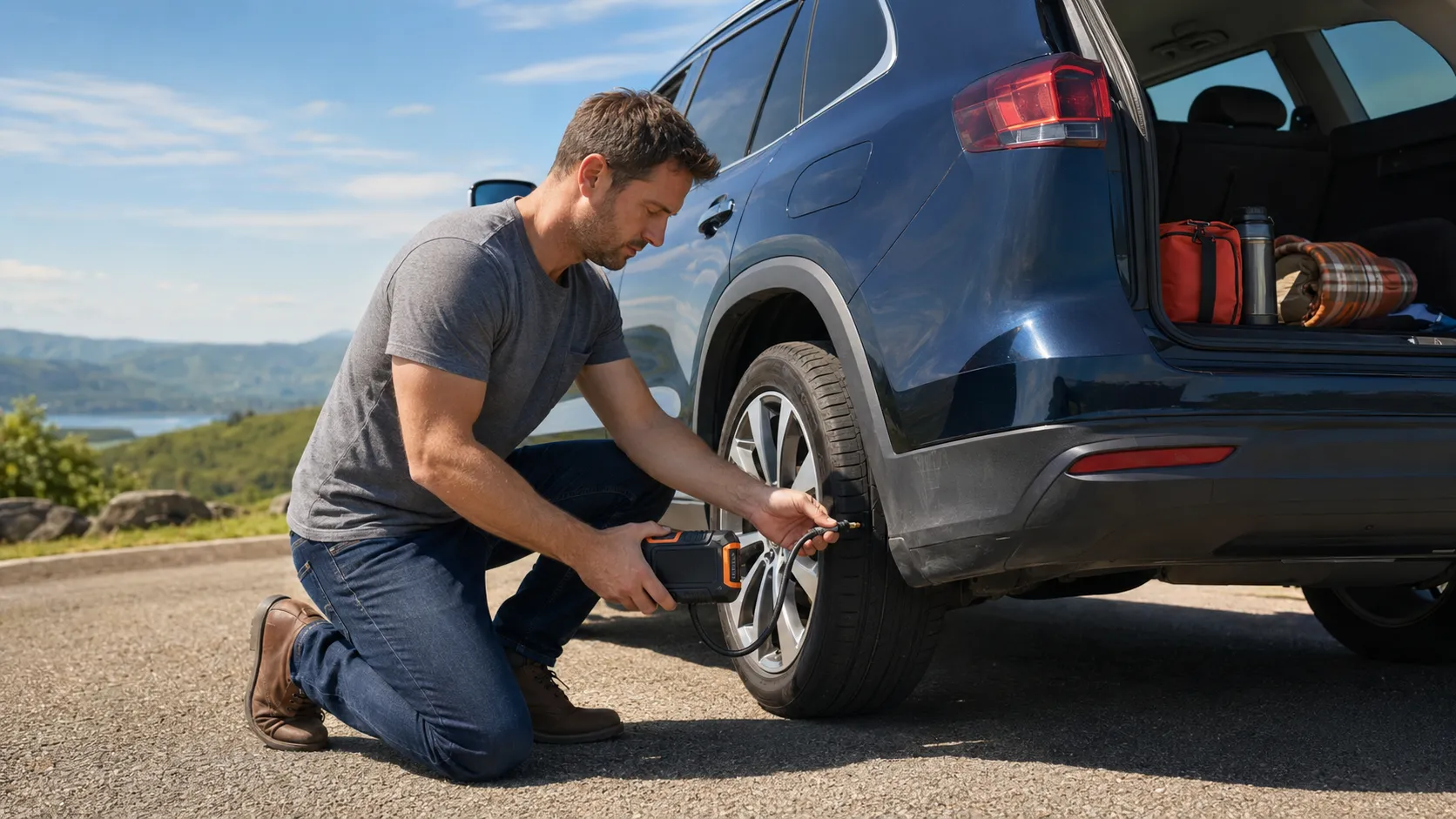 Cordless tire inflator connected to a compatible battery charger
