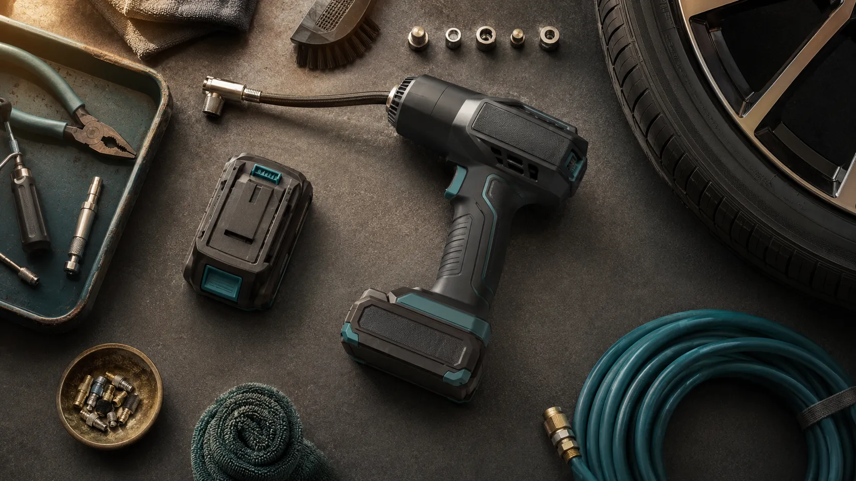 Cordless tire inflator connected to a compatible battery charger