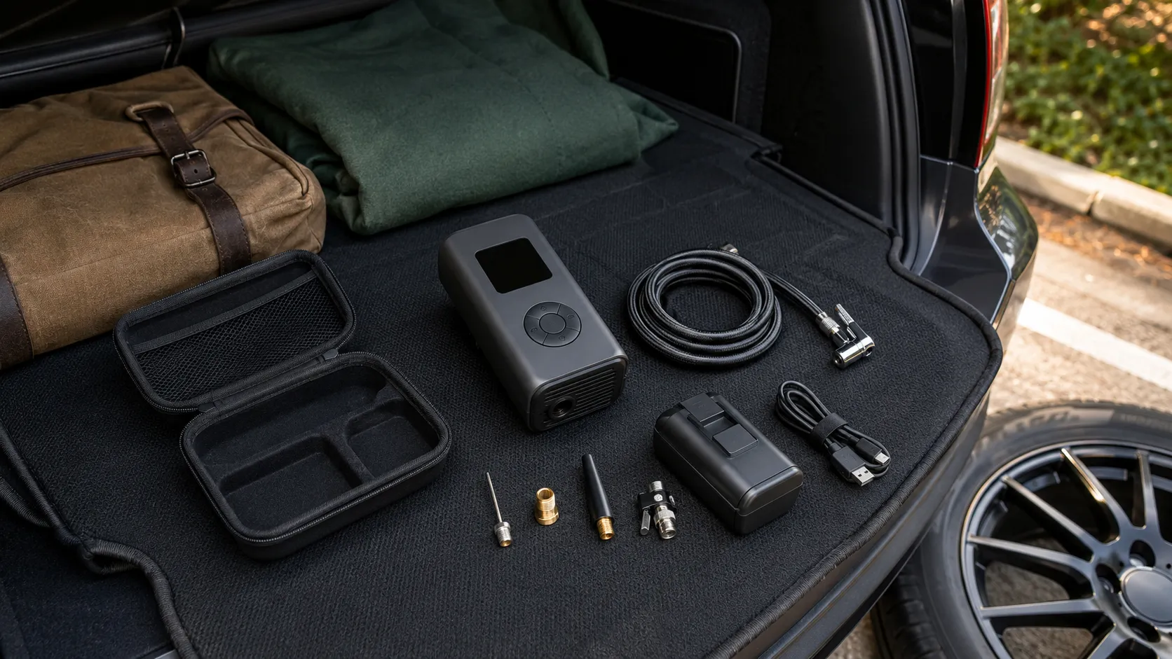 Cordless tire inflator connected to a compatible battery charger
