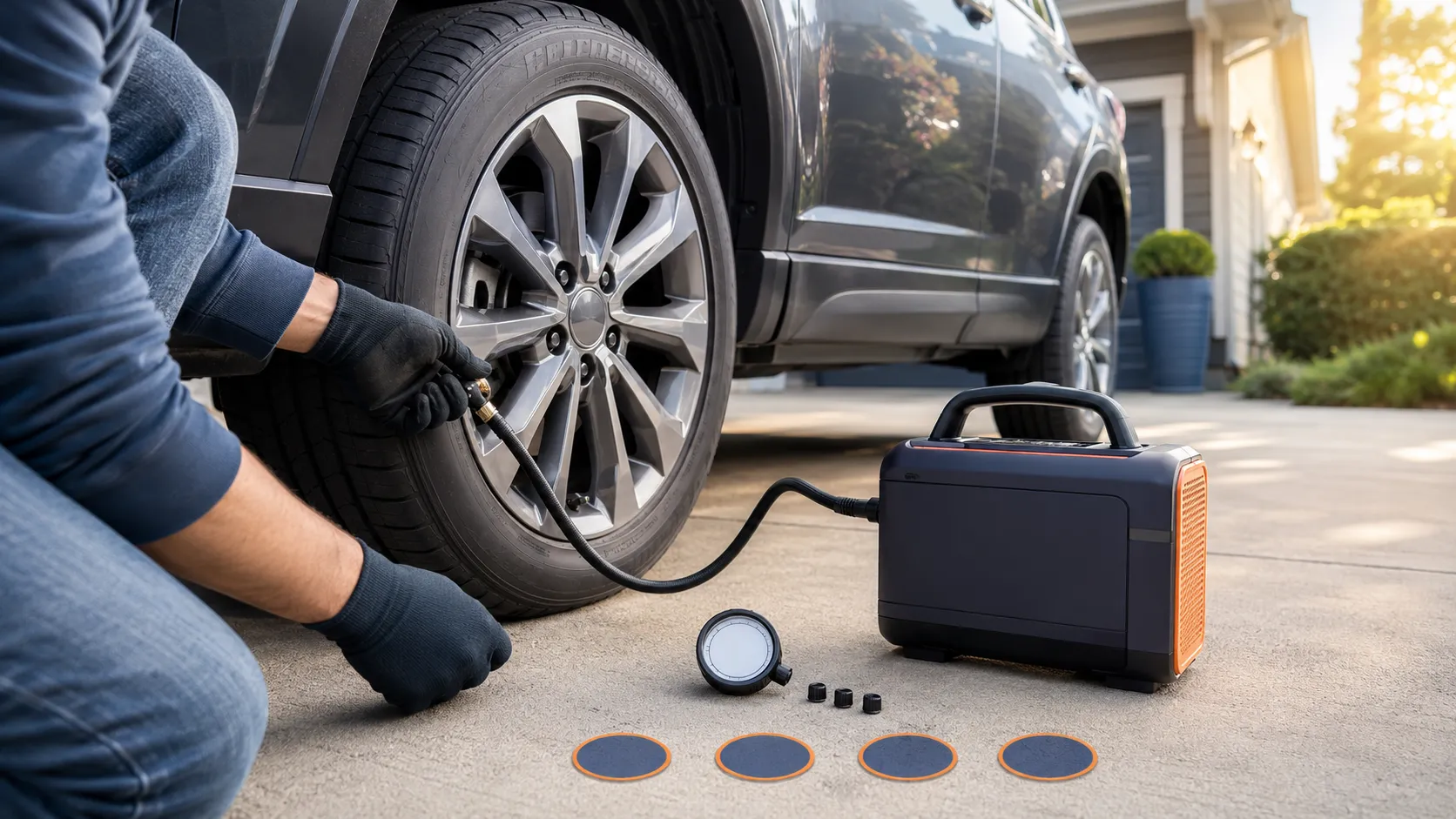 Cordless tire inflator connected to a compatible battery charger