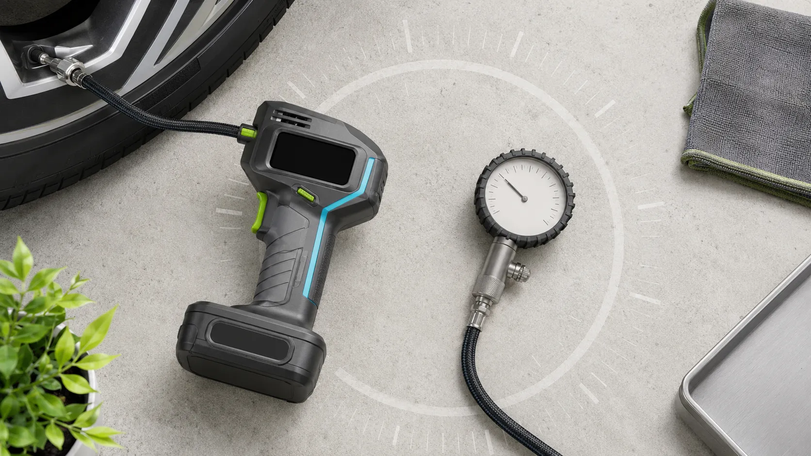 Cordless tire inflator connected to a compatible battery charger