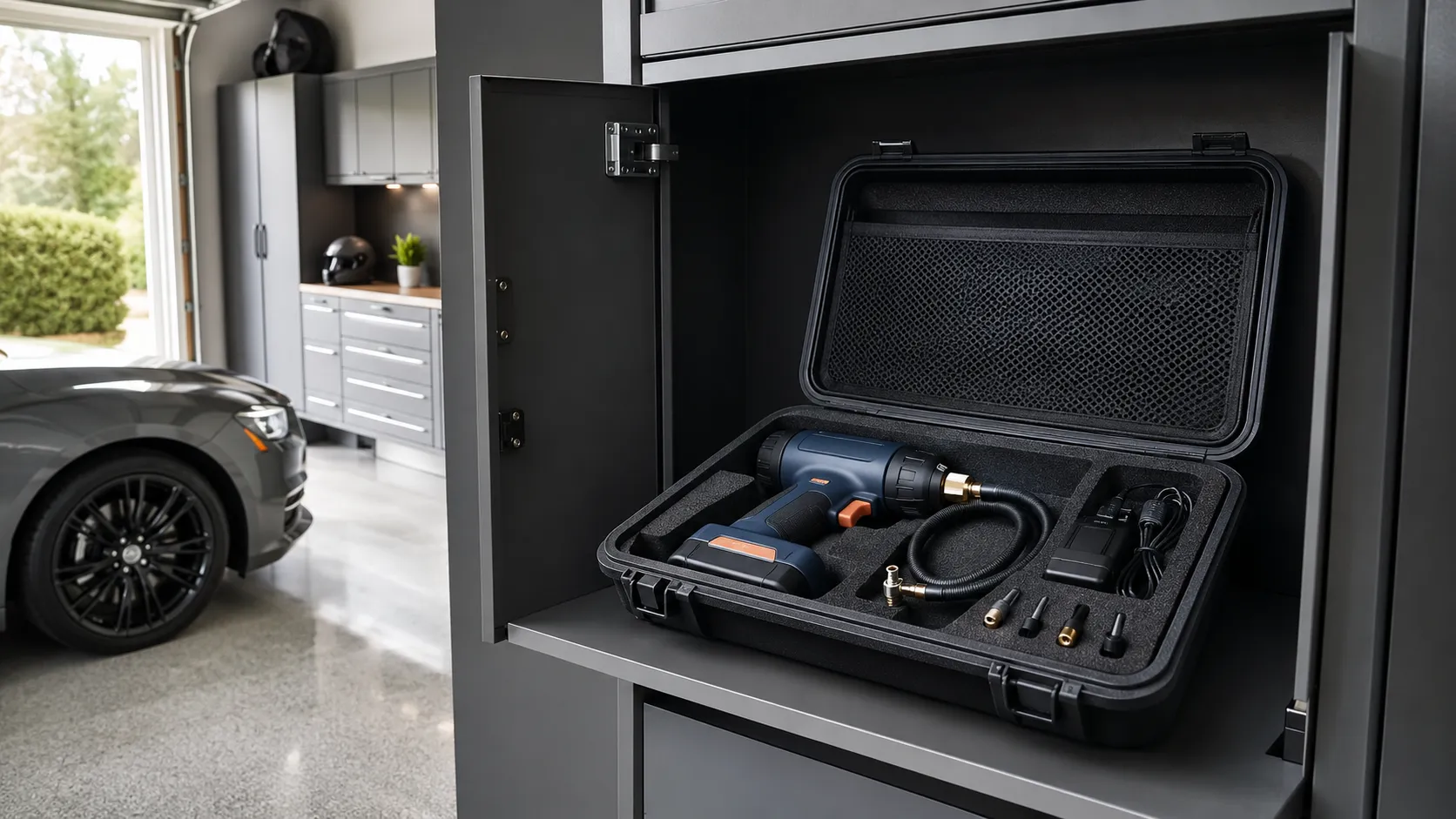 Cordless tire inflator connected to a compatible battery charger