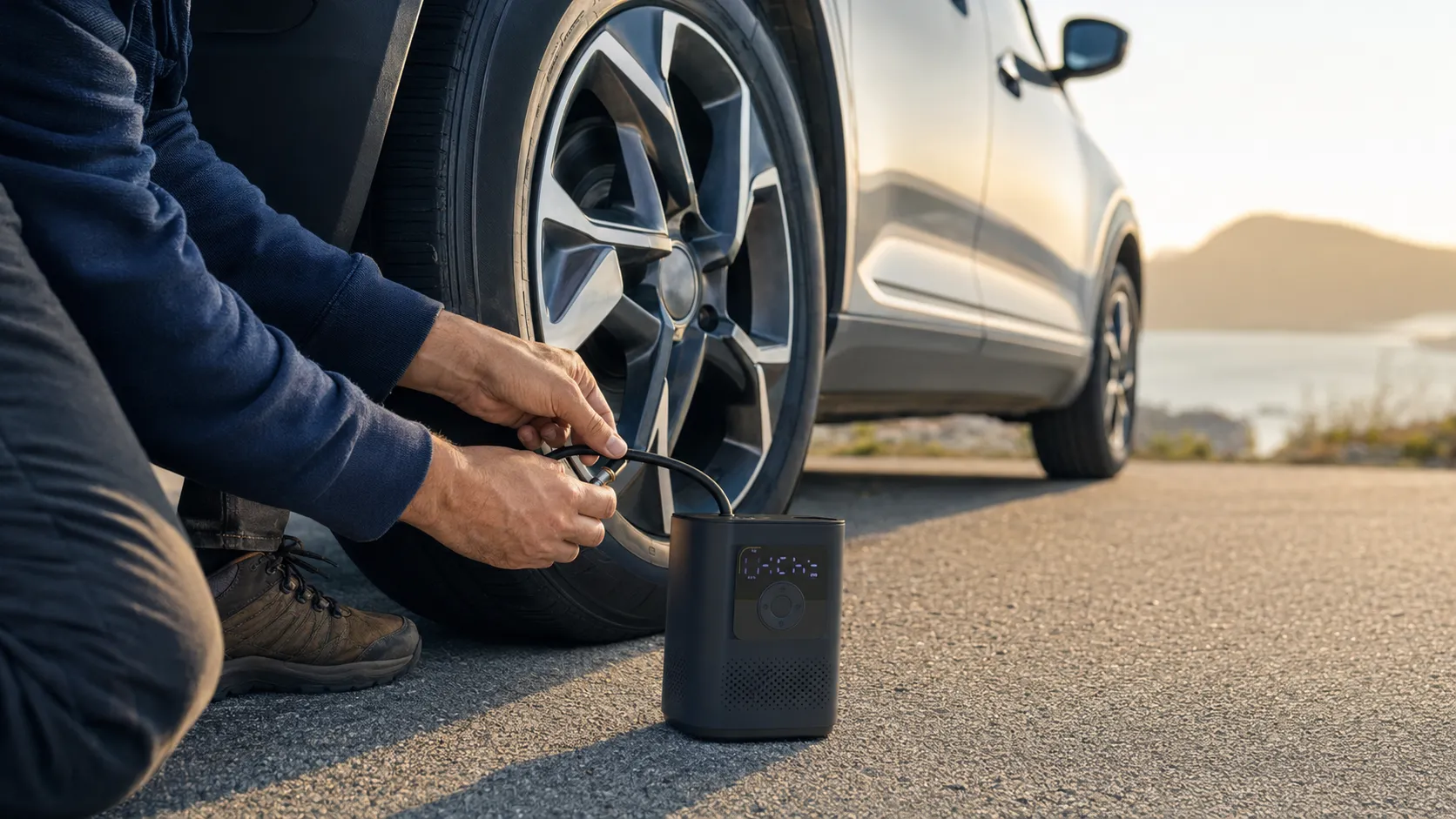 Using a cordless inflator to inflate a car tire