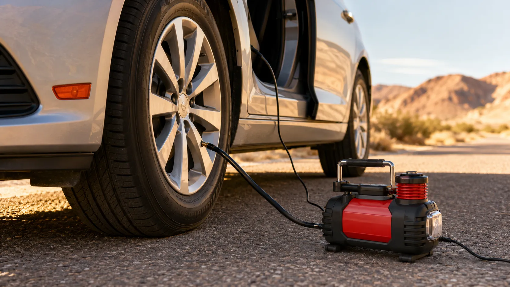 Cordless tire inflator connected to a compatible battery charger