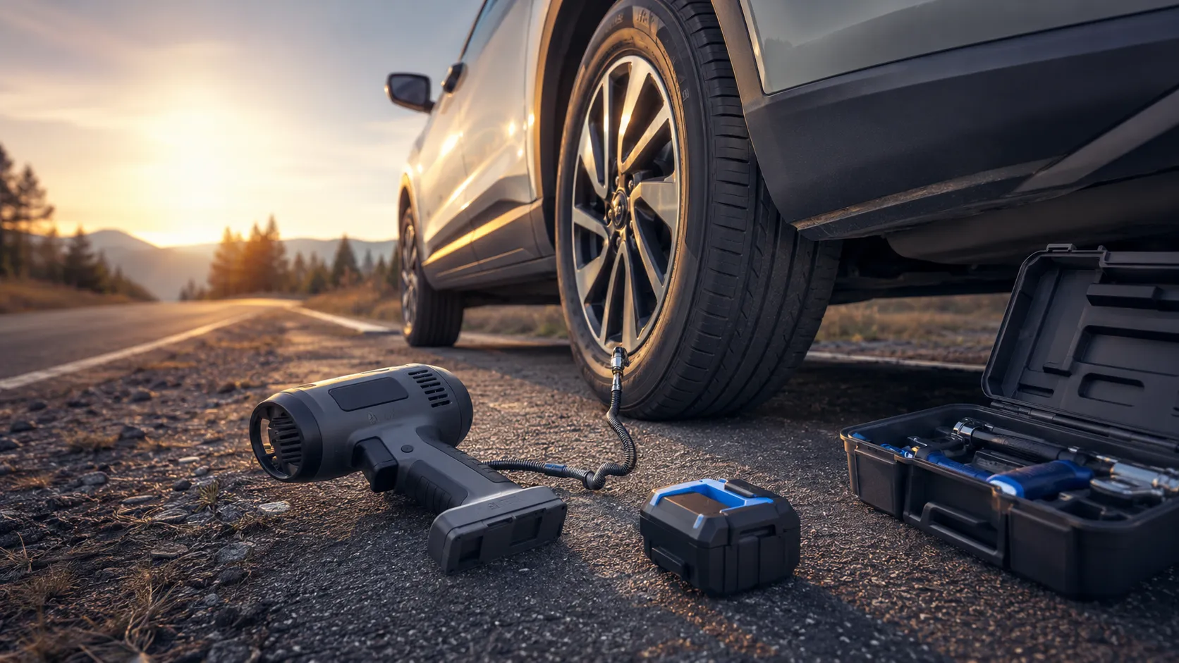 Cordless tire inflator connected to a compatible battery charger