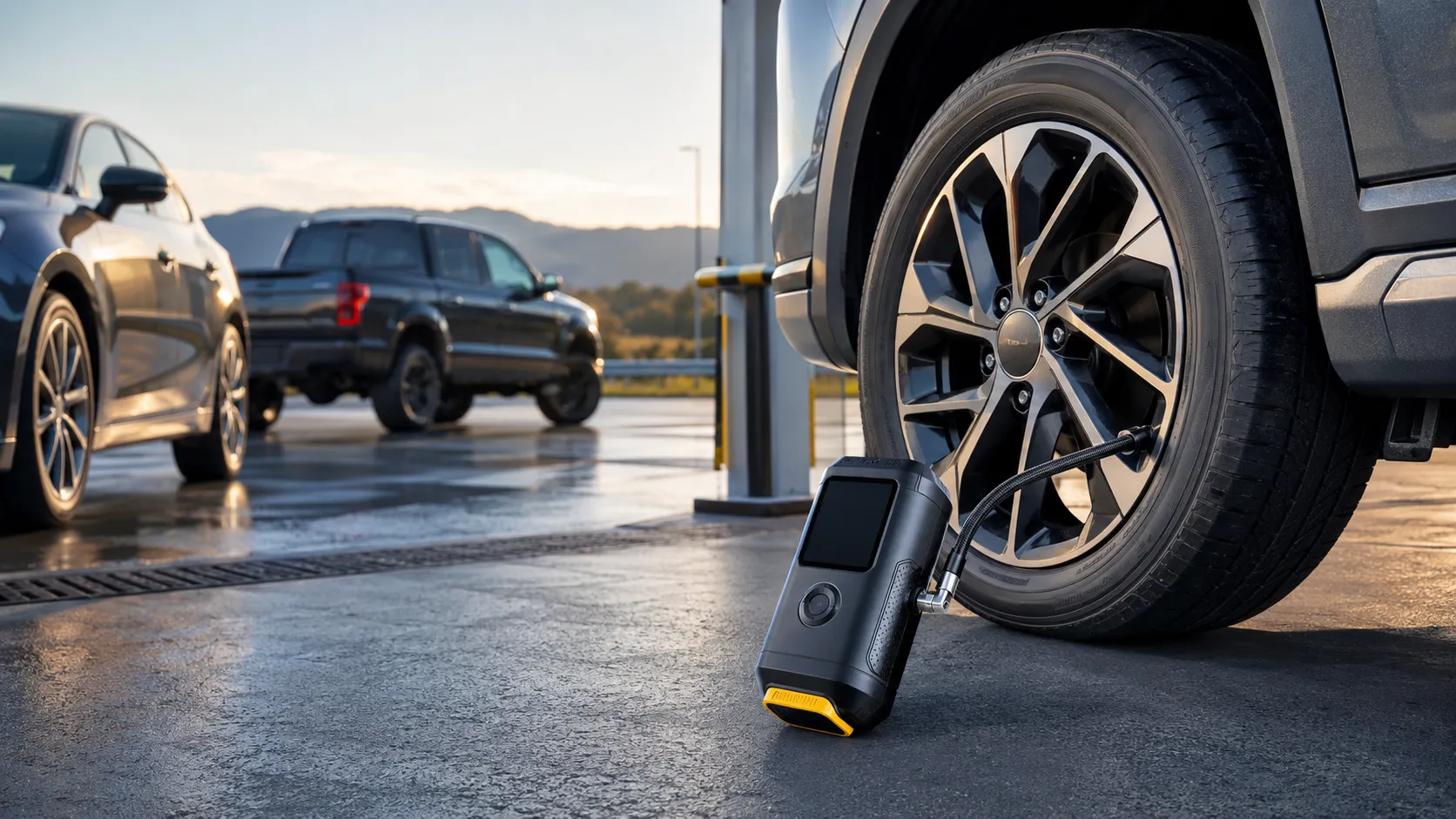 Cordless tire inflator connected to a compatible battery charger