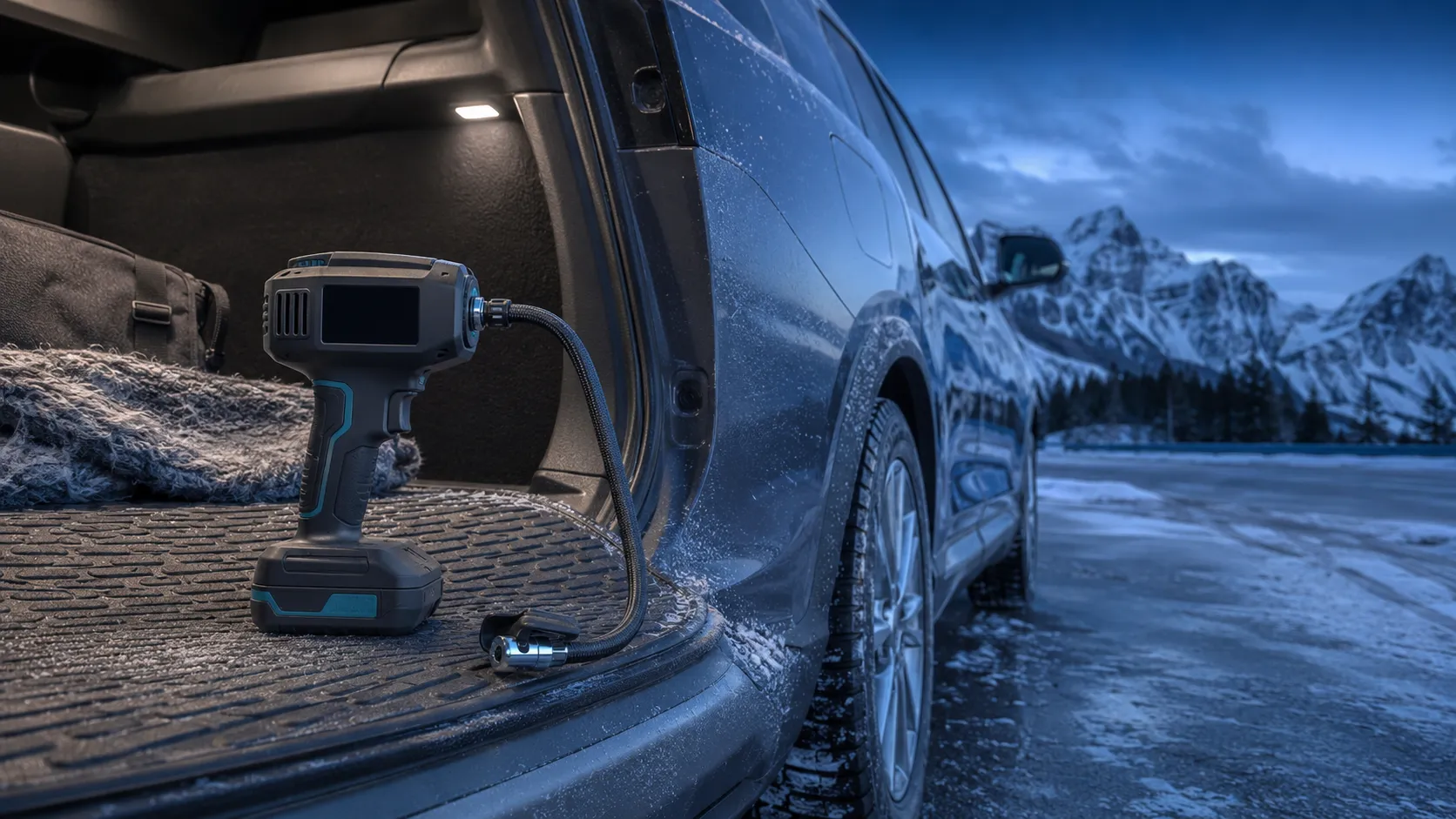 Cordless tire inflator connected to a compatible battery charger