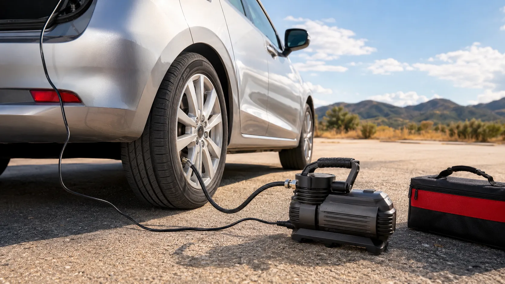 Cordless tire inflator connected to a compatible battery charger