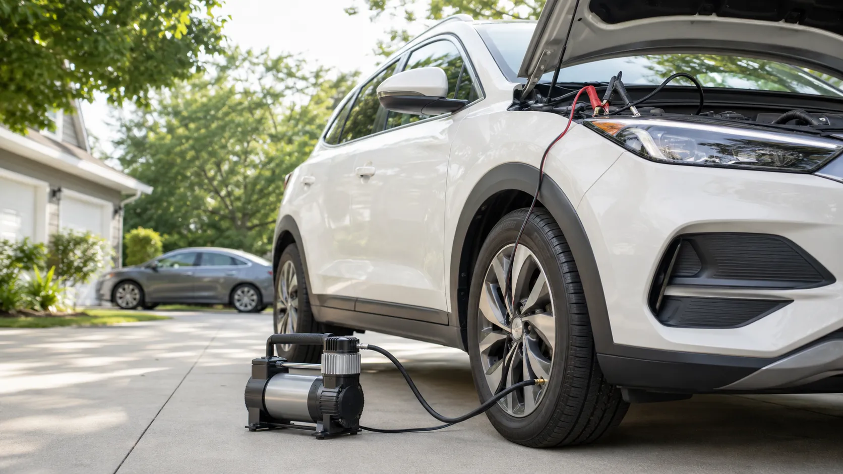 Cordless tire inflator connected to a compatible battery charger