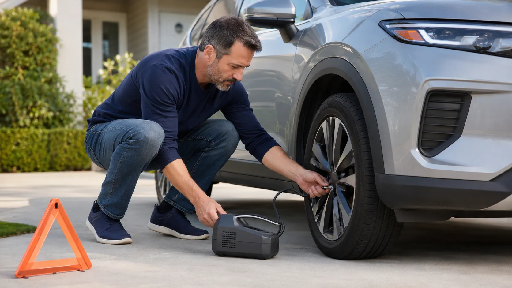Cordless tire inflator connected to a compatible battery charger