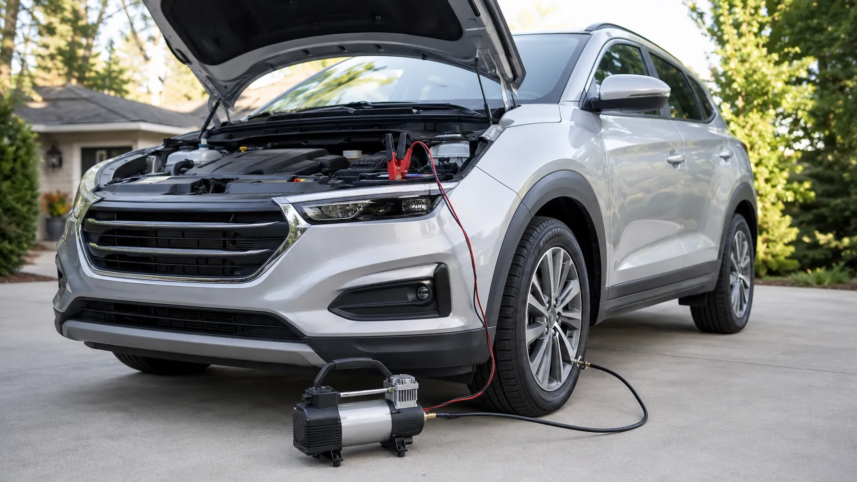 Cordless tire inflator connected to a compatible battery charger