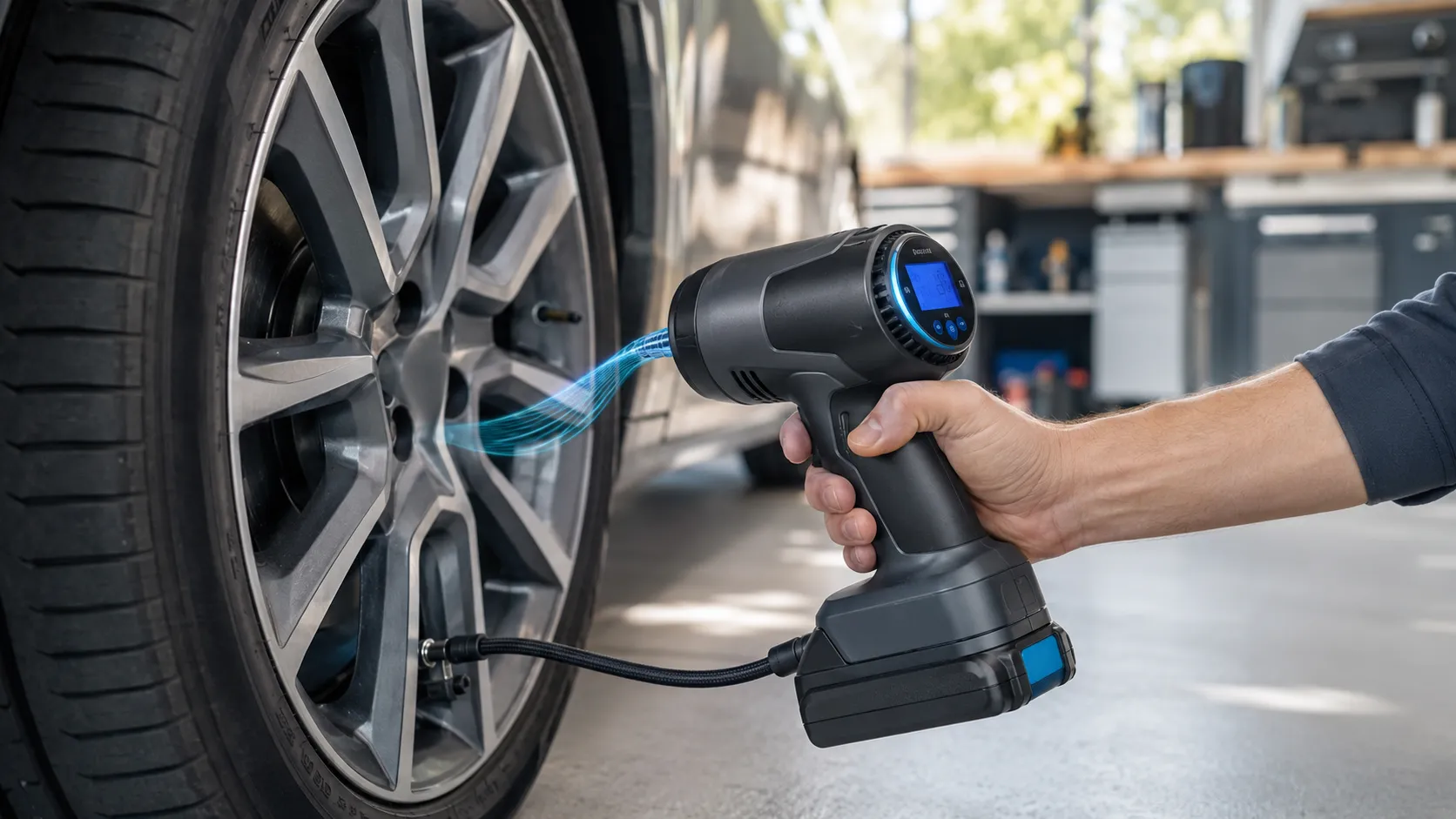 Cordless tire inflator connected to a compatible battery charger