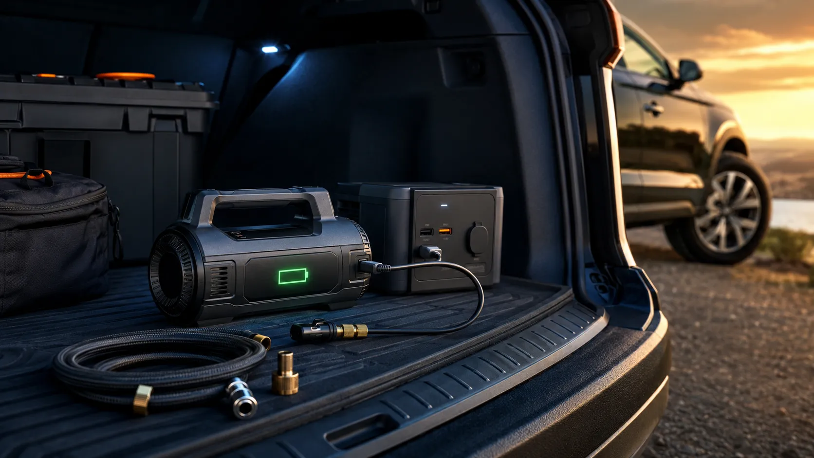 Cordless tire inflator connected to a compatible battery charger