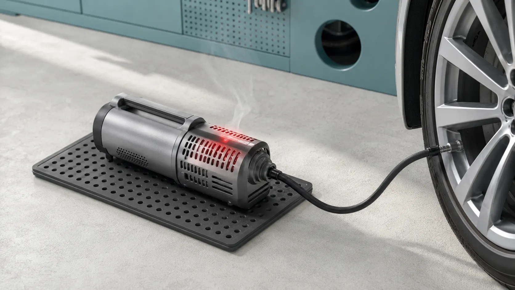 Cordless tire inflator connected to a compatible battery charger