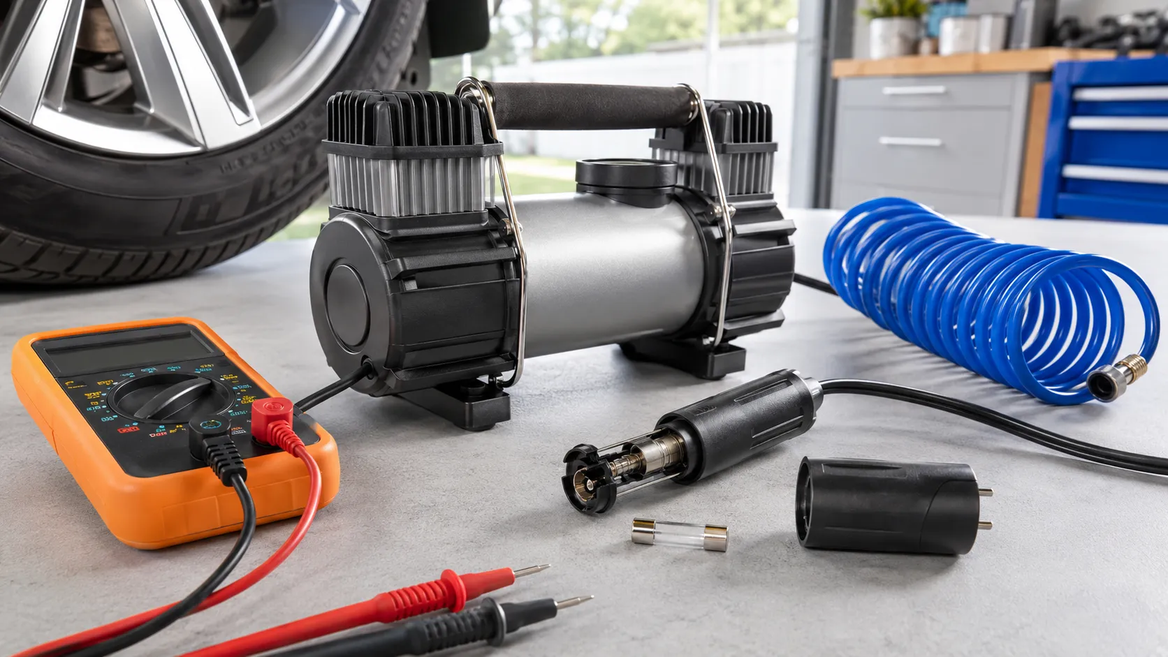 Cordless tire inflator connected to a compatible battery charger