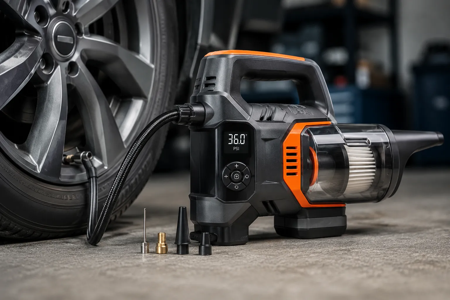 Cordless tire inflator connected to a compatible battery charger