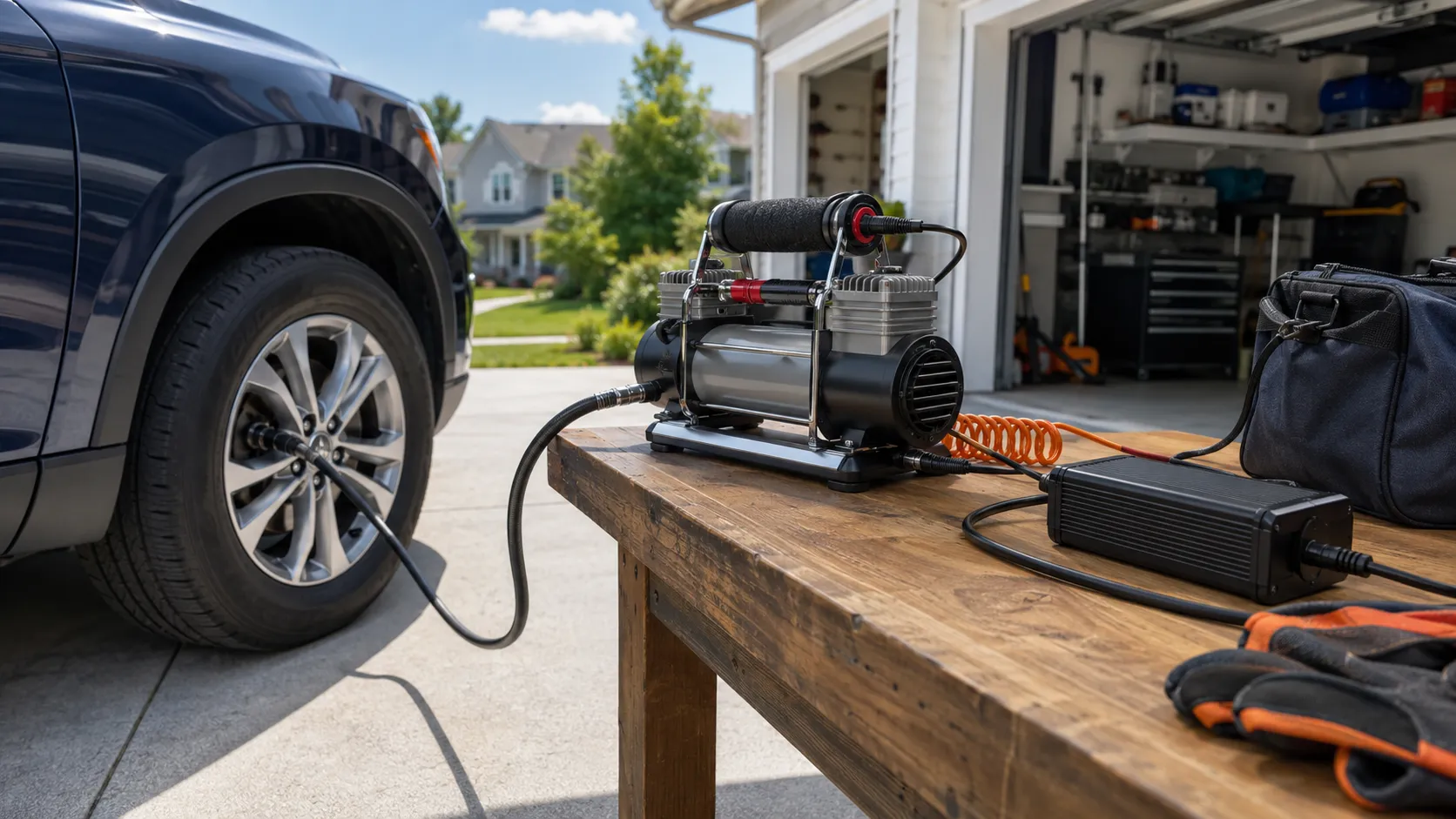 Cordless tire inflator connected to a compatible battery charger