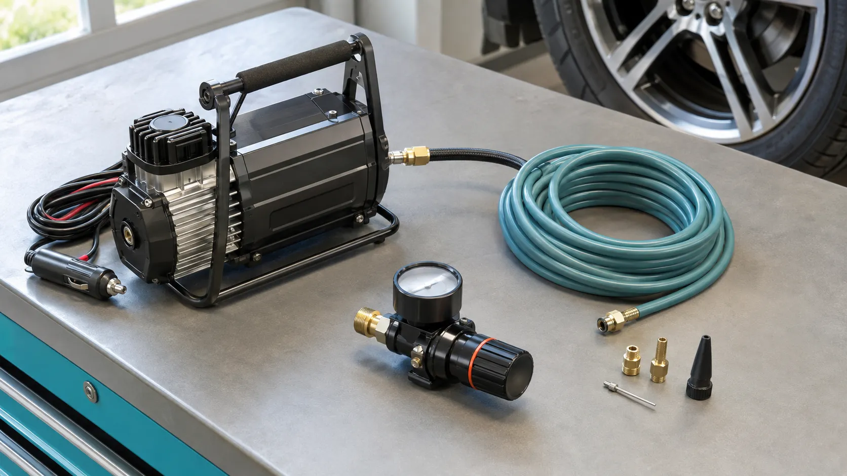 Cordless tire inflator connected to a compatible battery charger