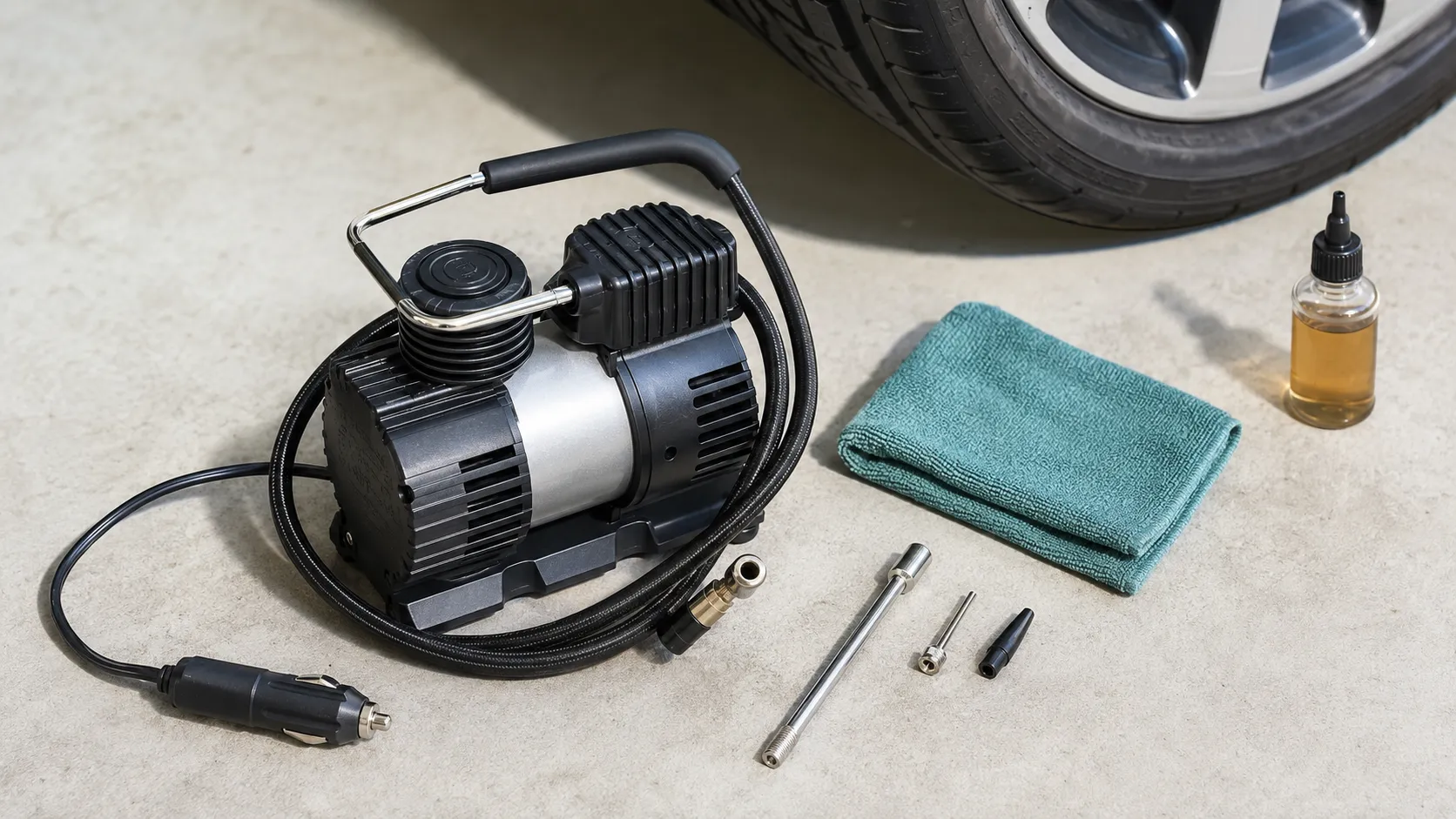 Cordless tire inflator connected to a compatible battery charger