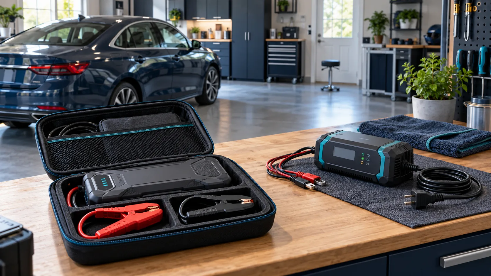 Conceptual portable jump starter in a case and separate unplugged battery charger on a garage workbench