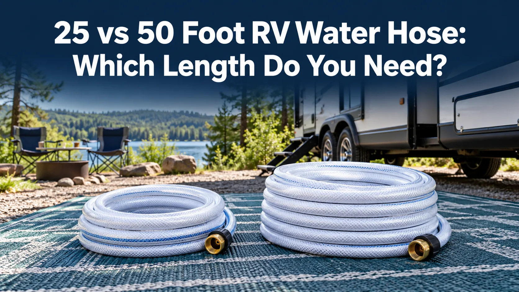 Illustrative two hose coils beside an RV with the 25 vs 50 Foot RV Water Hose article title