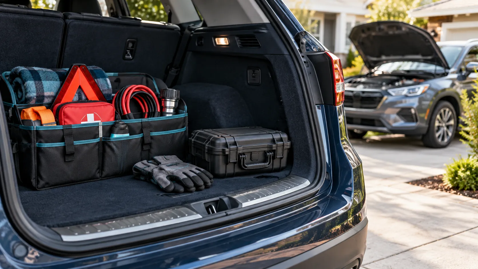 Illustrative roadside emergency kit, gloves, and protective case stored in an open car trunk