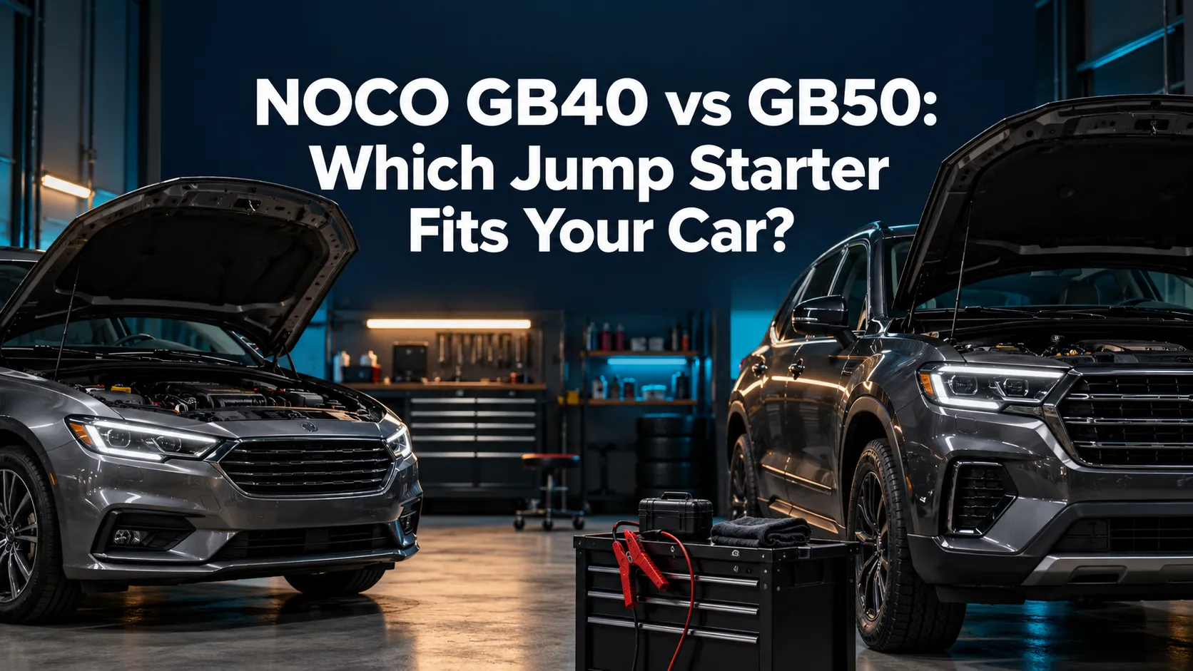 Illustrative hood-open sedan and SUV in a garage, with the NOCO GB40 vs GB50 article title