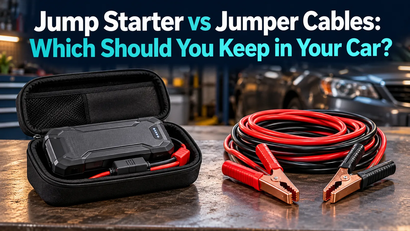 Conceptual comparison of a portable jump starter and coiled jumper cables, with the article title