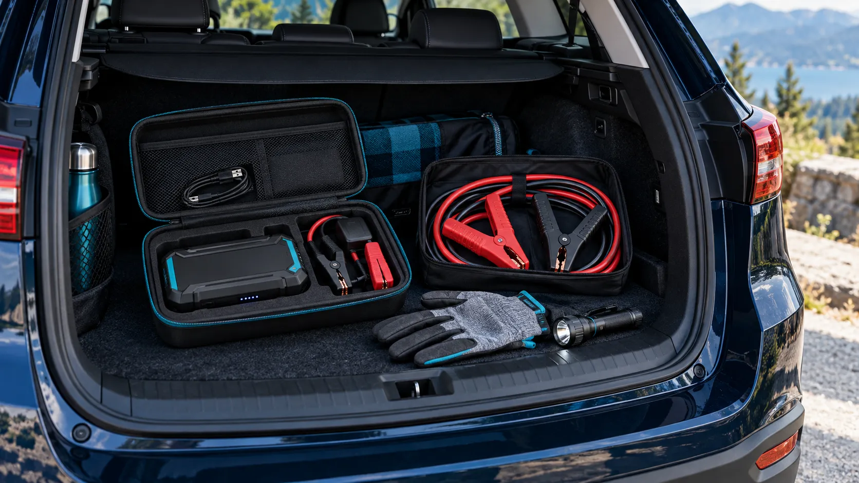 Conceptual jump starter in a case and coiled jumper cables stored in an open car trunk