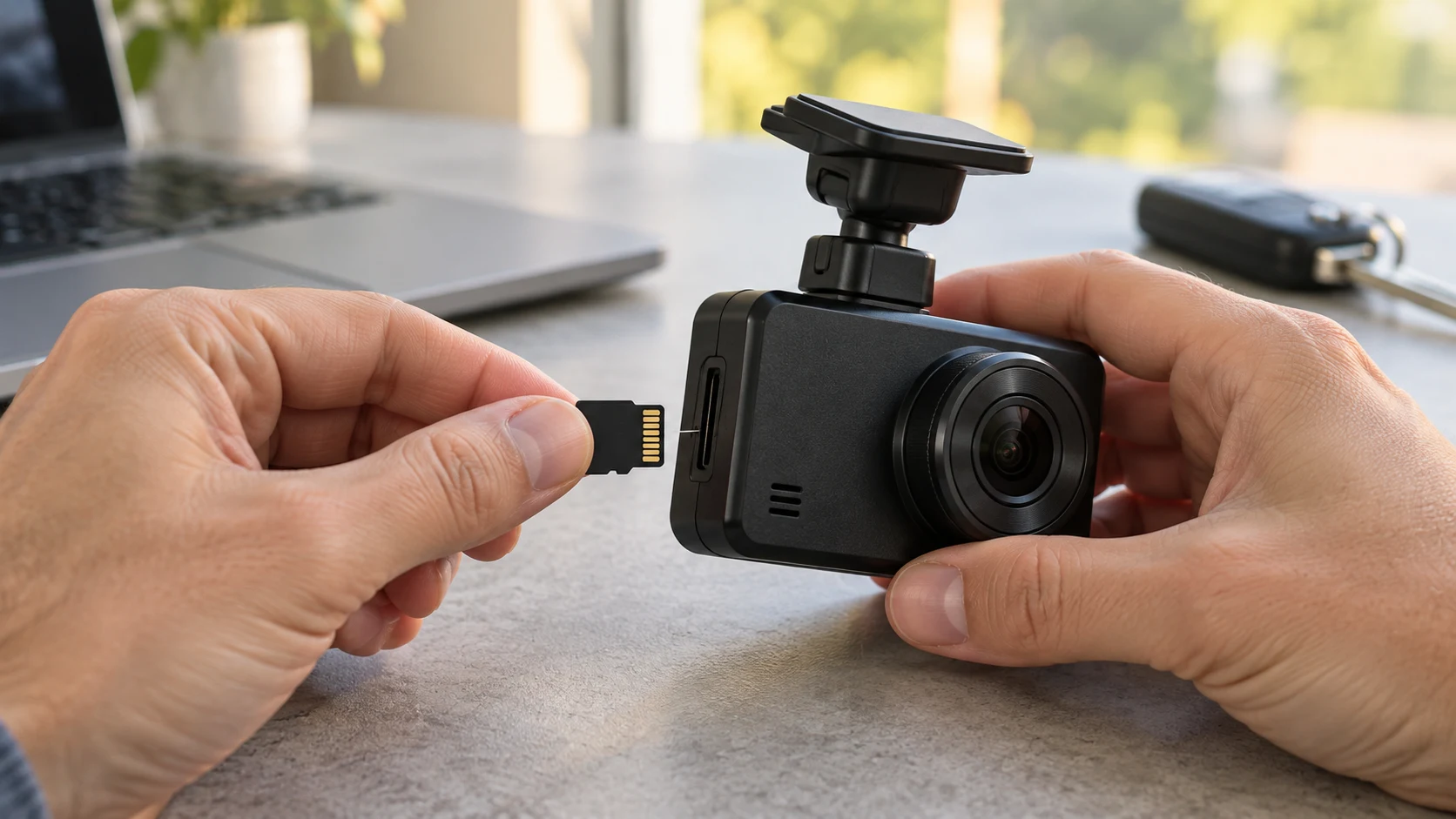 Illustration of hands holding a microSD card beside the slot of a generic dash camera