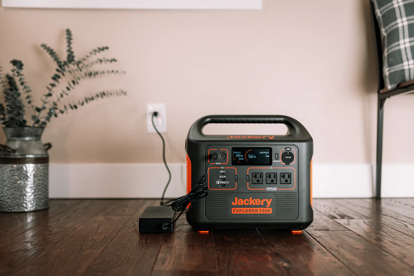 Portable power station on an outdoor table; illustrative model