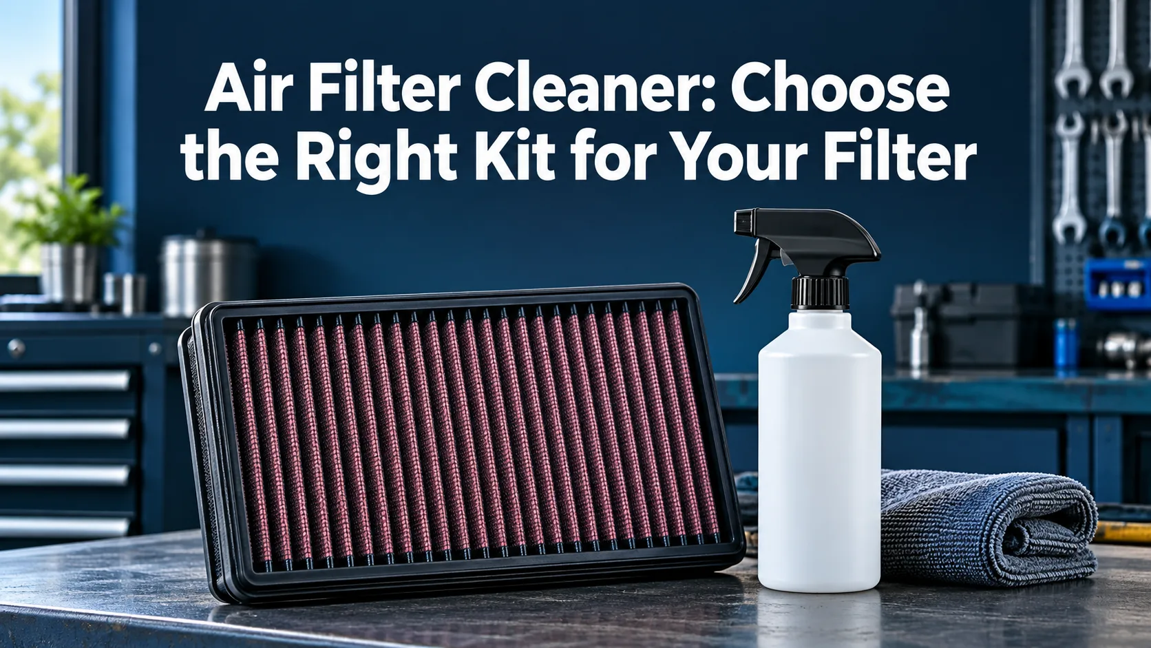 Illustrative reusable engine air filter and cleaning bottle with the article title