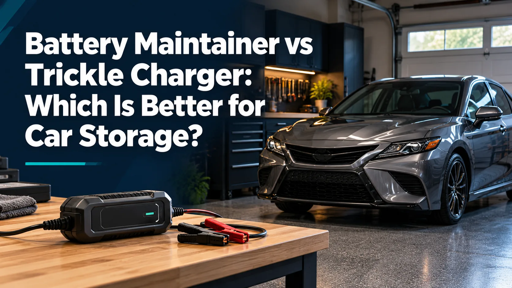 Illustrative garage and parked car with the Battery Maintainer vs Trickle Charger article title