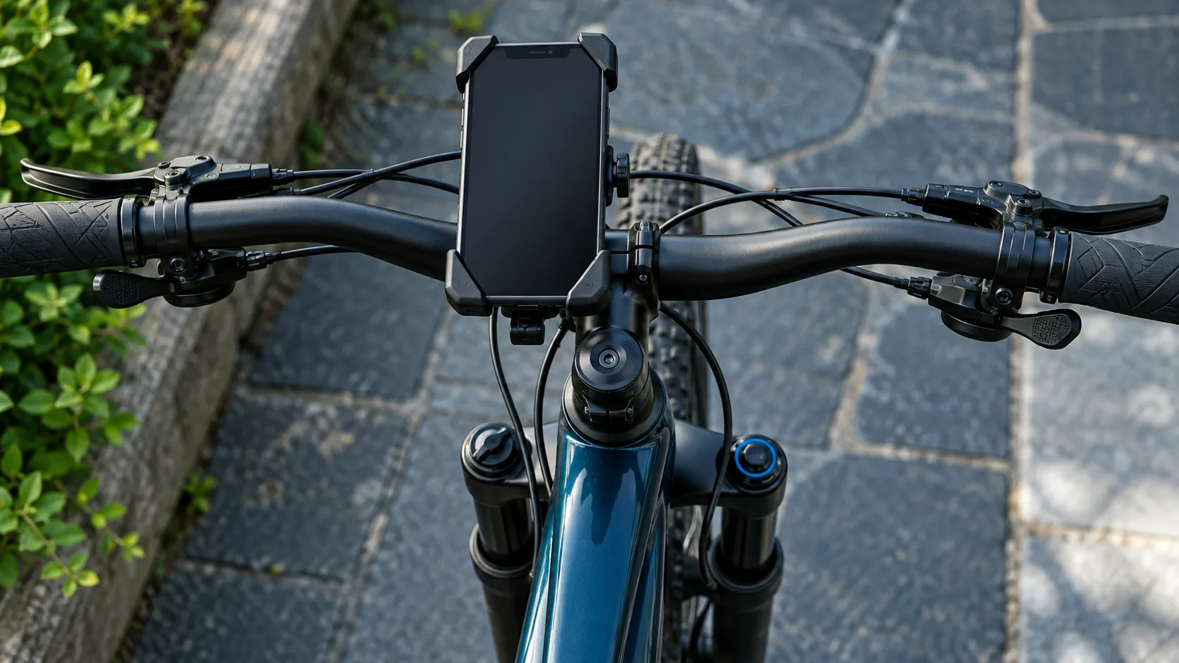 Illustrative parked bicycle cockpit with a generic phone holder and blank screen