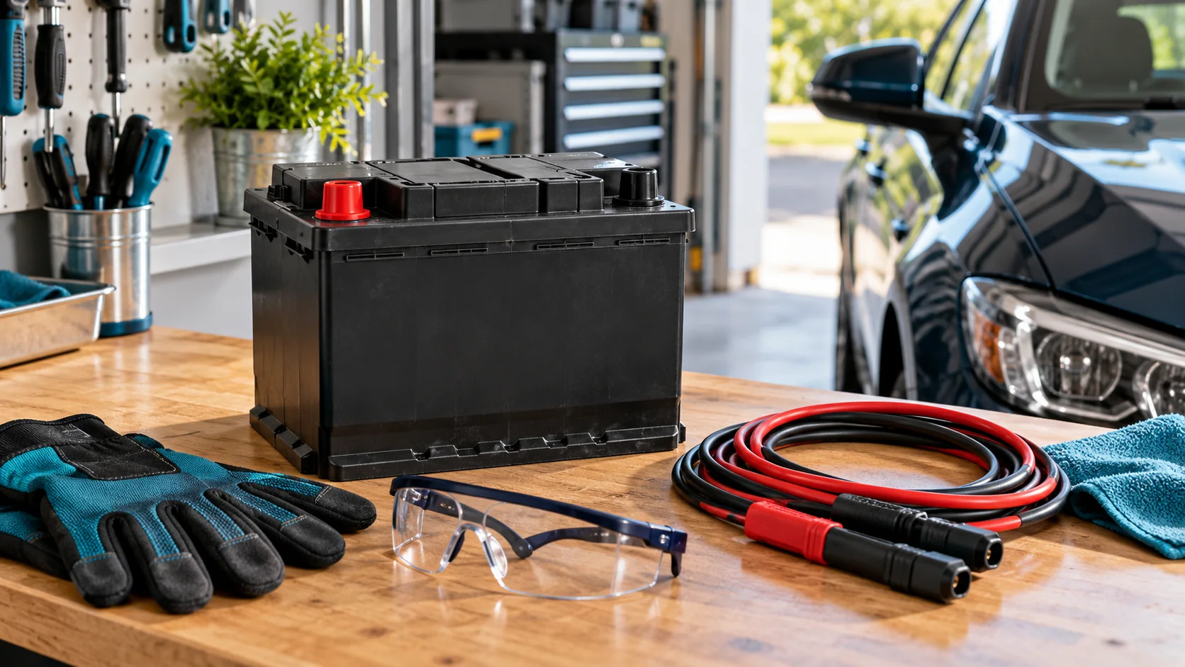 Illustrative car battery with protected terminals, gloves, safety glasses, and disconnected cables on a garage workbench