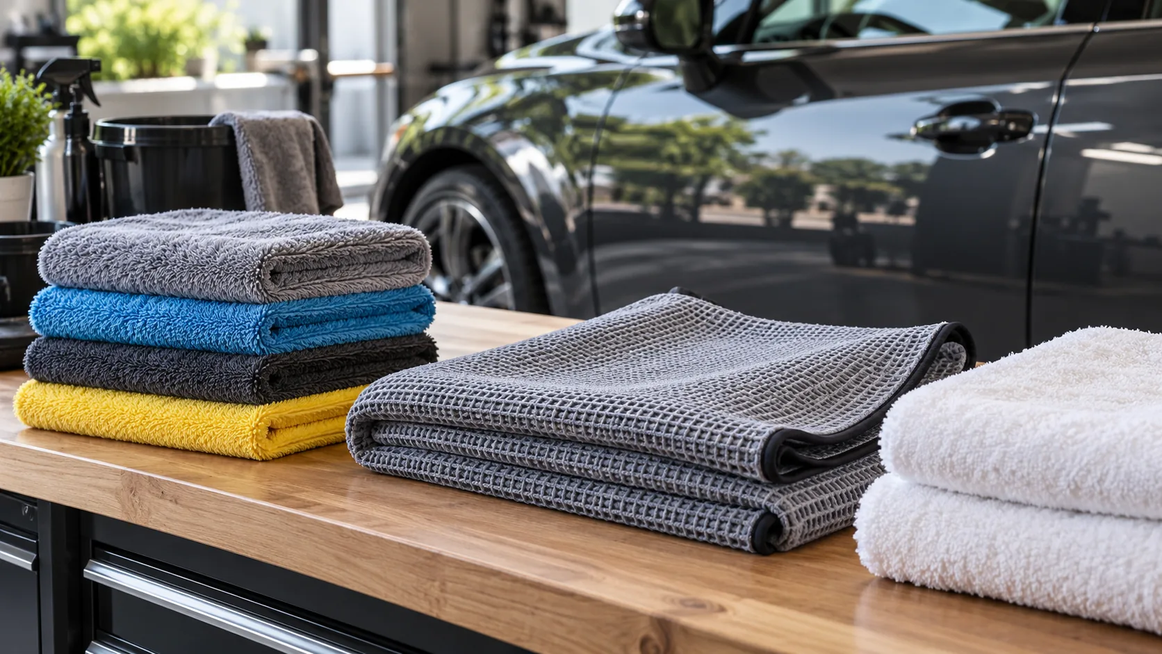 Illustrative separate stacks of microfiber, waffle-weave drying, and cotton towels on a clean detailing workbench