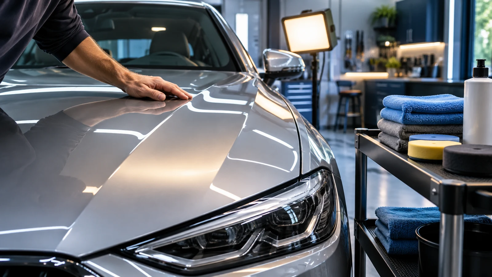 Inspecting car paint under a light before polishing