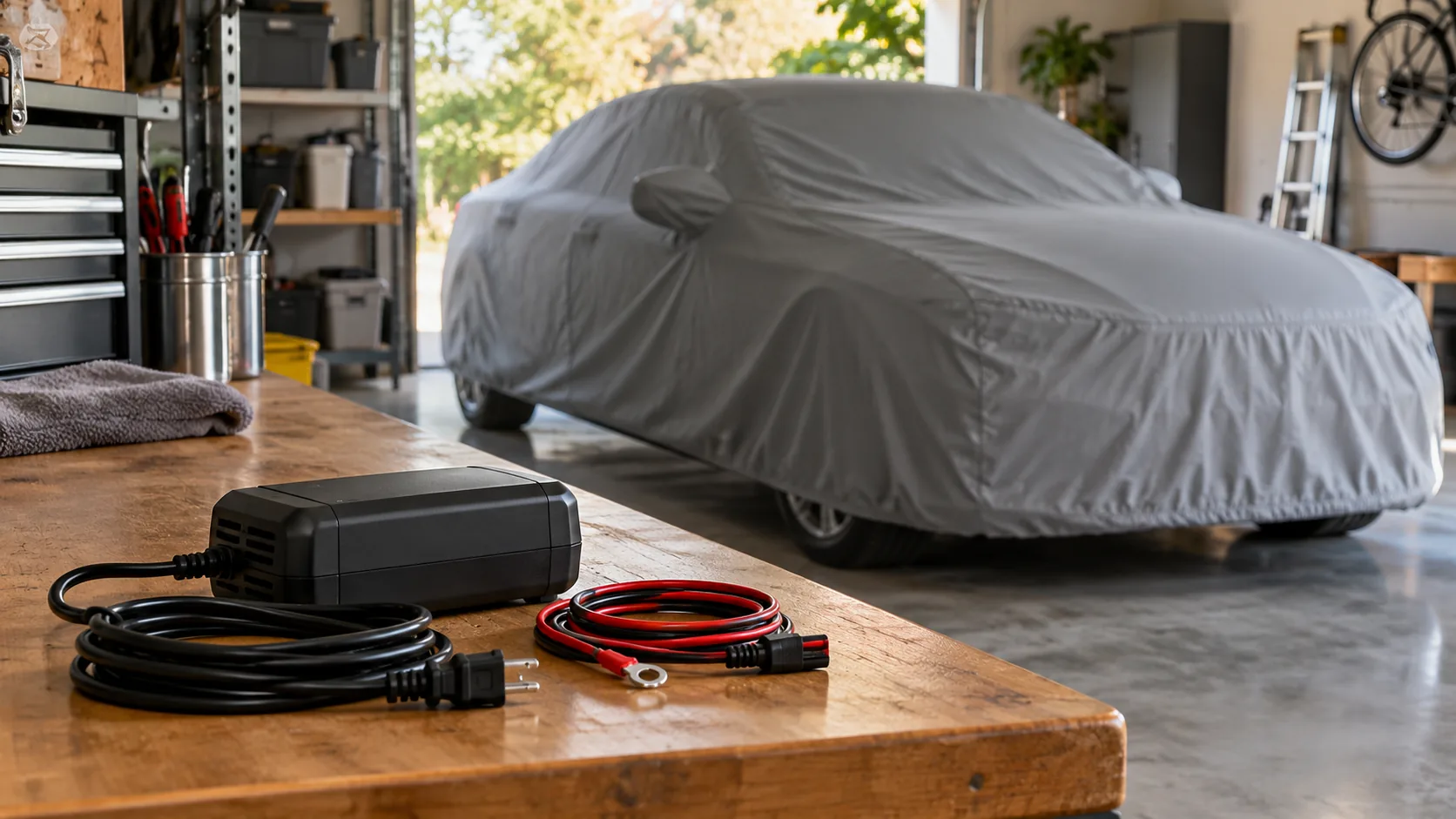 Illustrative covered car in a garage with a disconnected charger and coiled cables on a workbench