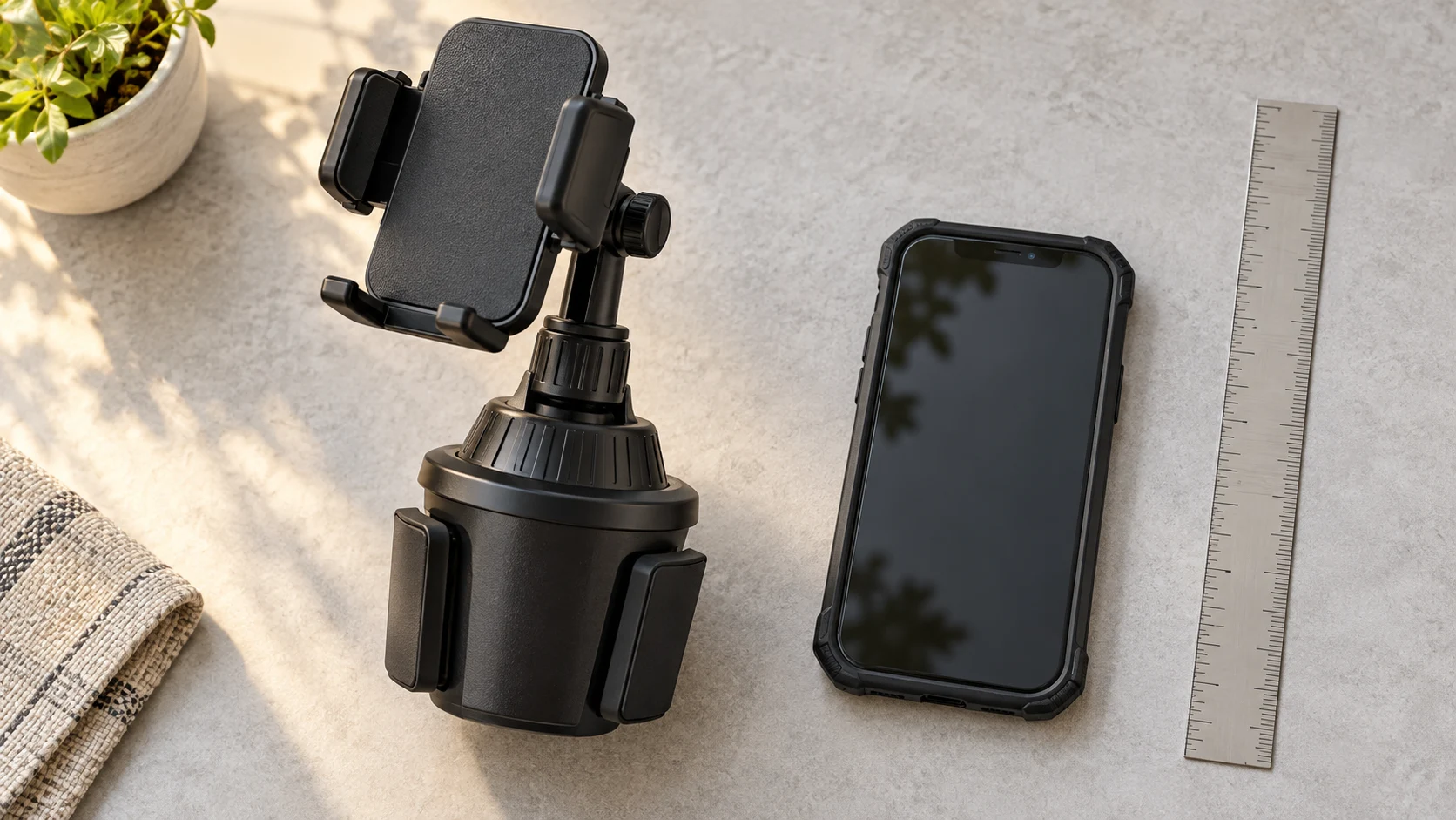 Illustration of a generic cup-holder mount beside a cased smartphone and ruler for checking fit