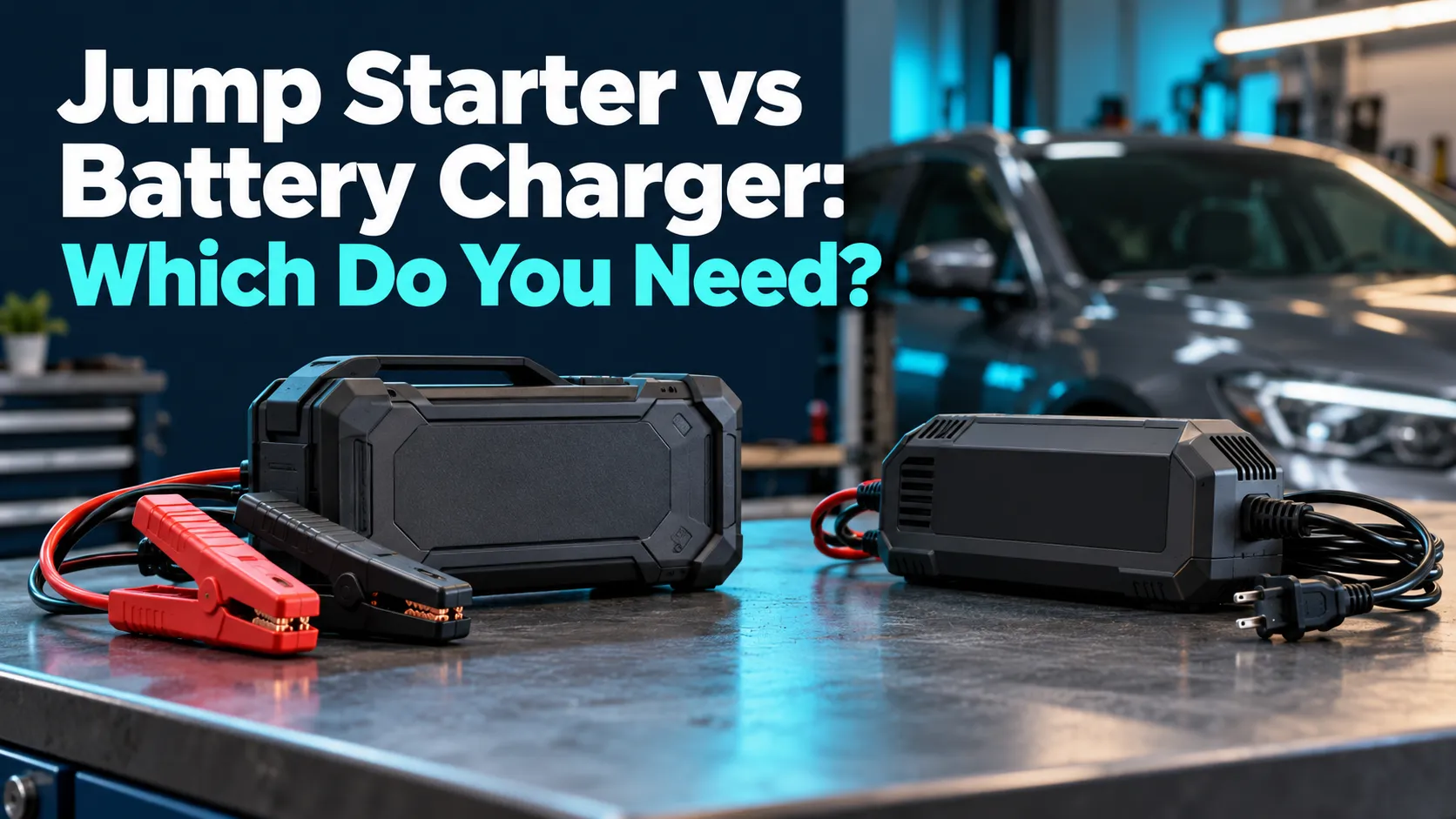 Conceptual jump starter and battery charger beside a parked car, with the article title