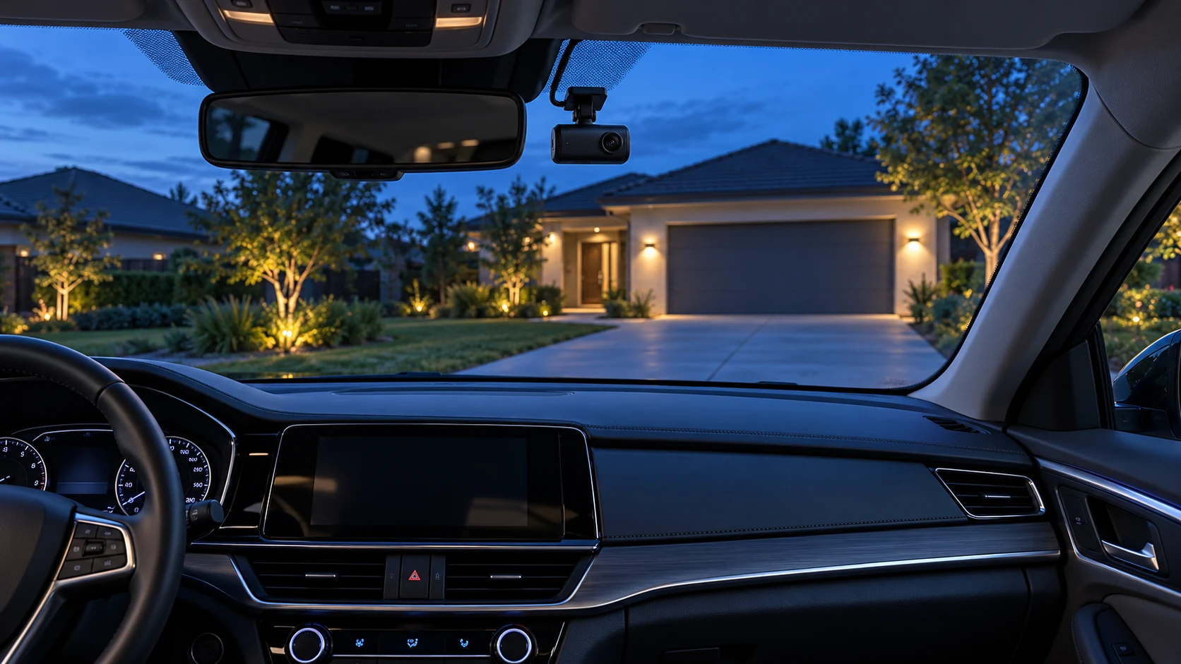 Illustration of a generic dash camera inside a parked car at dusk