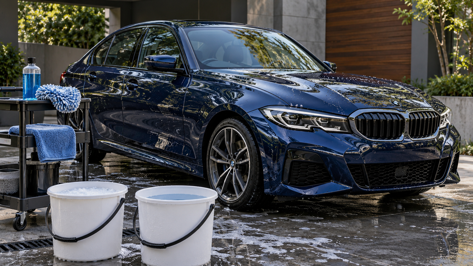Illustrative hand-wash setup with two buckets, microfiber mitt and drying towel beside a blue car