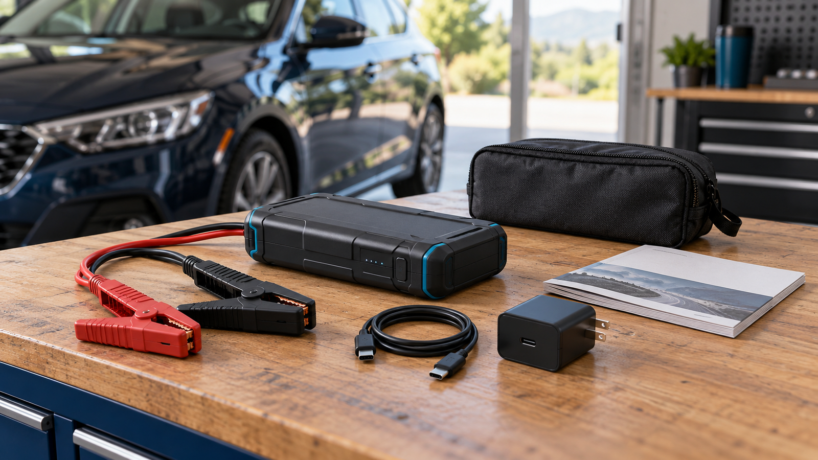 Illustrative emergency jump-starter kit with separated clamps, USB-C cable and charger