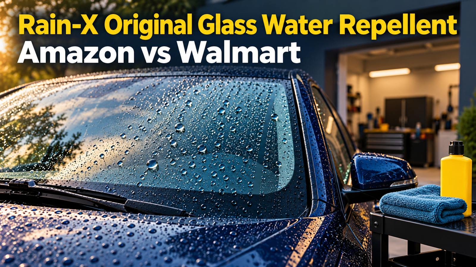 Rain-X Original Glass Water Repellent Amazon vs Walmart comparison over a rain-beaded car windshield