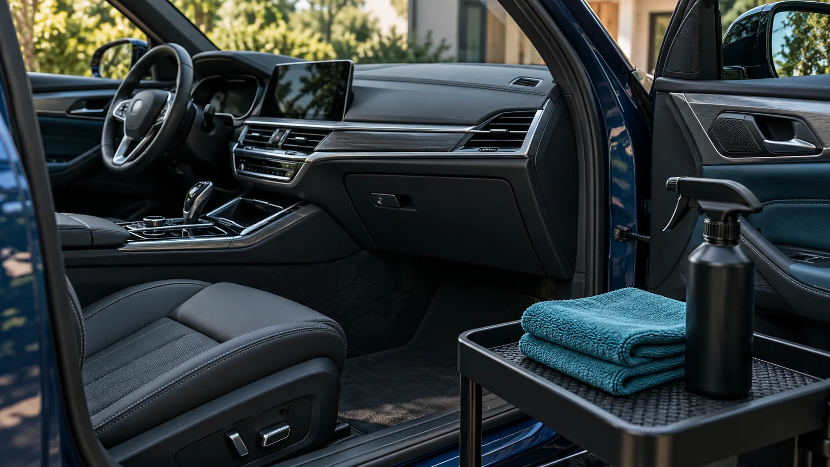 Illustrative parked car interior with teal microfiber cloths and an unlabeled spray bottle