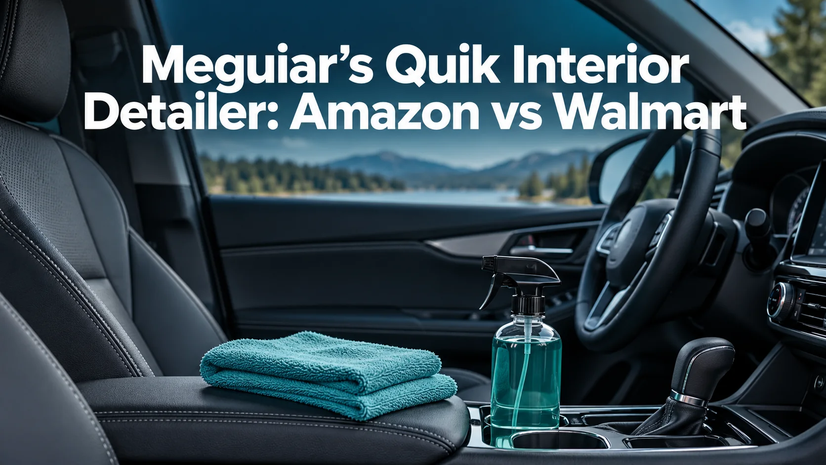 Illustrative car interior and cleaning supplies with the Meguiars Amazon versus Walmart article title