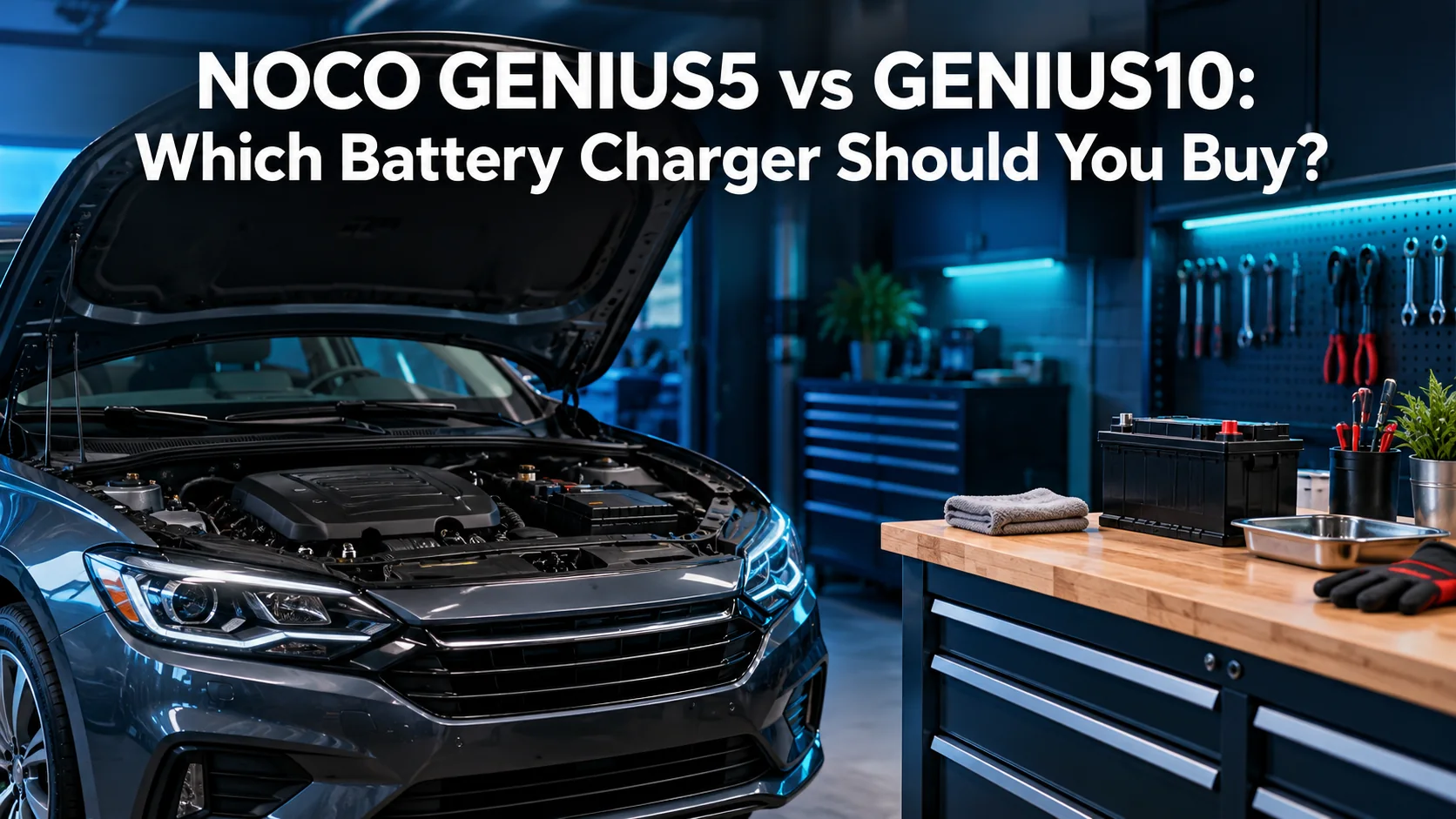 Illustrative home garage and car with the NOCO GENIUS5 vs GENIUS10 article title